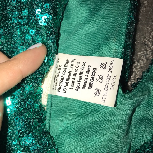 Aqua Small turquoise green sequin mini dress V neckline long sleeve open back - Picture 5 of 8